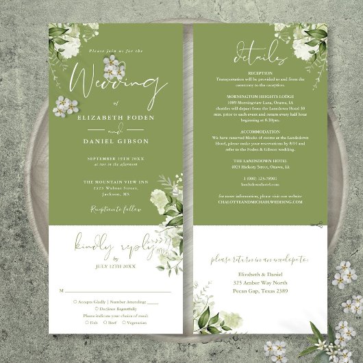 Moss Green Botanical Greenery All In One Wedding 招待状
