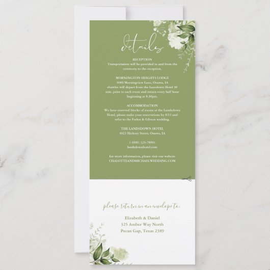 Moss Green Botanical Greenery All In One Wedding 招待状 (裏面)