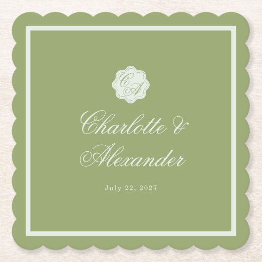 Moss Green Calligraphy Wedding Paper Coaster ペーパーコースター (正面)
