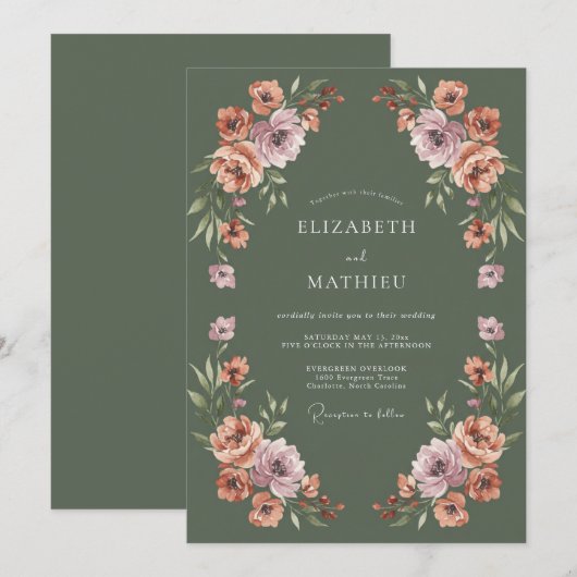 Moss Green Dusky Botanical Wedding 招待状 (正面/裏面)