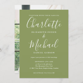 Moss Green Elegant Modern Script Photo Wedding 招待状