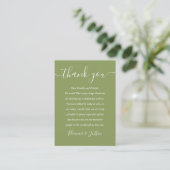 Moss Green Elegant Modern Script Wedding Thank You プレイスカード (スタンド正面)