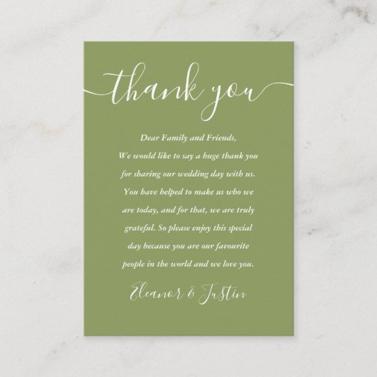 Moss Green Elegant Modern Script Wedding Thank You プレイスカード (正面)