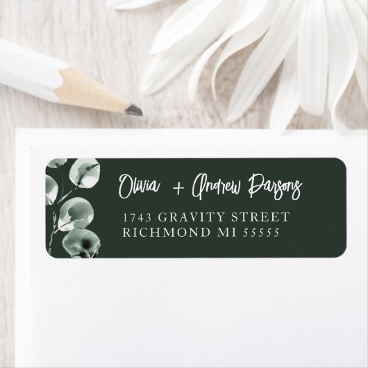 Moss Green Eucalyptus Hand Lettered Script Address ラベル (インサイチュ)