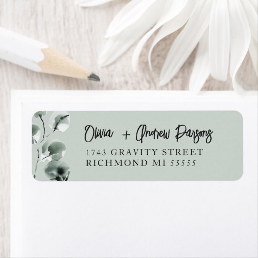 Moss Green Eucalyptus Hand Lettered Script Address ラベル (インサイチュ)