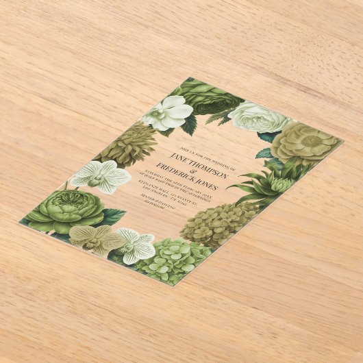 Moss Green, Fern Mist & Pale Pistachio Wedding アクリル招待状 (レイダウン)