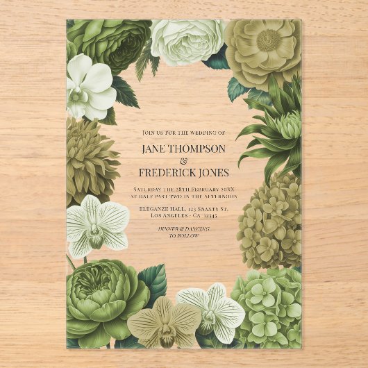 Moss Green, Fern Mist & Pale Pistachio Wedding アクリル招待状 (正面)