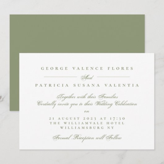 Moss Green Formal Calligraphy Wedding 招待状 (正面/裏面)