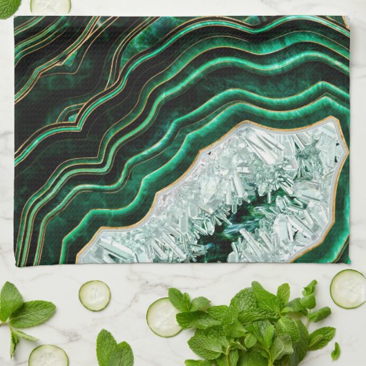 Moss Green Geode and Crystals Digital Art キッチンタオル (折り畳み)