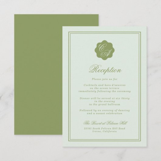 Moss Green Monogram Reception Card エンクロージャーカード (正面/裏面)