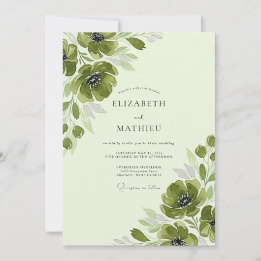 Moss Green Romantic Anemone Spring Wedding 招待状 (正面)