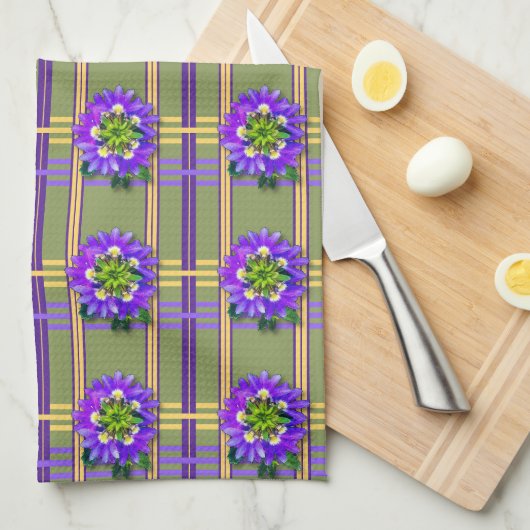 Moss Green with Purple Flowers Kitchen Towels キッチンタオル (四つ折り)