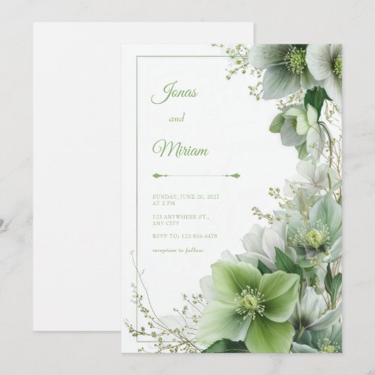 Mossy Sage Hellebore Botanical Frame Wedding 招待状 (正面/裏面)