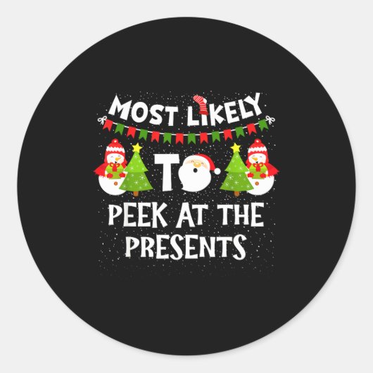 Most Likely To Peek At The Snowman Family Christma ラウンドシール (正面)