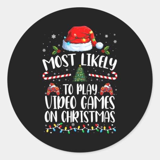 Most Likely To Play Video Games On Christmas Famil ラウンドシール (正面)