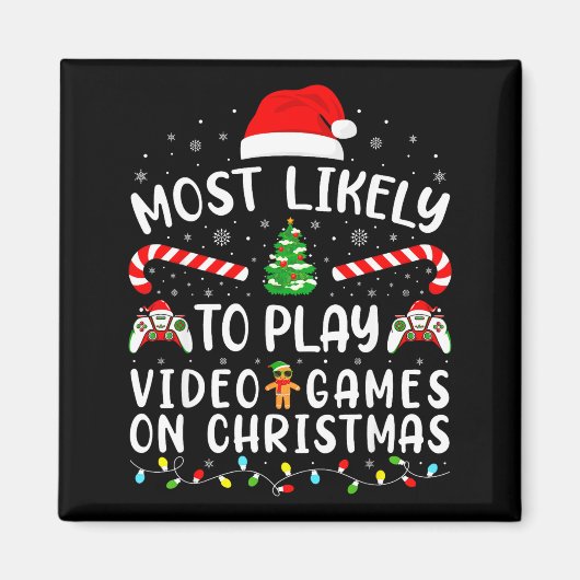 Most Likely To Play Video Games Xmas Family Matchi マグネット (正面)