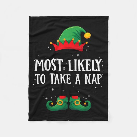 Most Likely To Take A Nap Matching Christmas Elf フリースブランケット (正面)