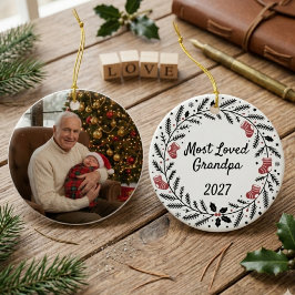 Most Loved Grandpa Pine Wreath Holiday Photo セラミックオーナメント