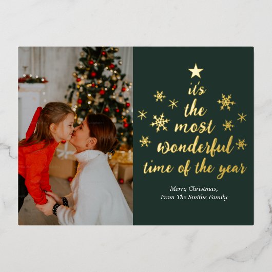 Most Wonderful Time of The Year緑の金ゴールド写真 箔シーズンポストカード (正面)