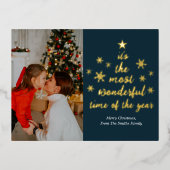 Most Wonderful Time of The Year青い金ゴールド写真 箔シーズンポストカード (正面)