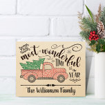 Most Wonderful Time of Year Christmas Family Name  ウッドウォールアート<br><div class="desc">The Most Wonderful Time of the Year and your family name in black,  pretty fonts. Black,  ornate embellishments surround the words. The classic red truck with green Christmas tree in the bed is digitally illustrated as string art. Unique,  festive and stylish holiday decor for any home.</div>