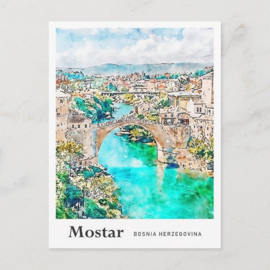Mostarボスニア旅行水の色の手描き ポストカード (正面)