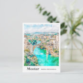 Mostarボスニア旅行水の色の手描き ポストカード (スタンド正面)