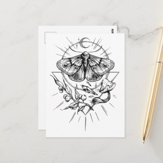 Moth and Mushrooms Black and White ポストカード (正面/裏面インサイチュ)