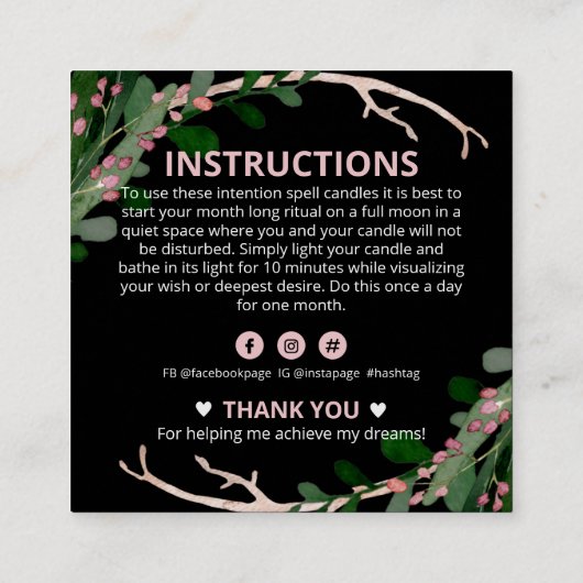 Moth Moon Candle Intention Spell スクエア名刺 (裏面)