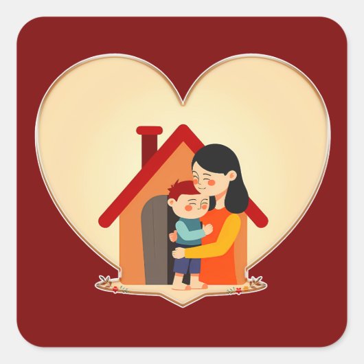 Mother and Child Love Illustration – Warm Family スクエアシール (正面)