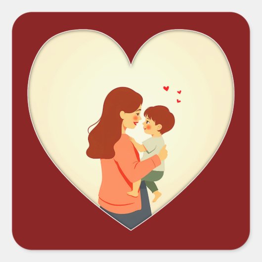 Mother and Child Love Illustration – Warm Family スクエアシール (正面)