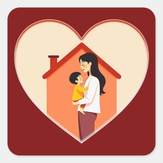 Mother and Child Love Illustration – Warm Family スクエアシール (正面)
