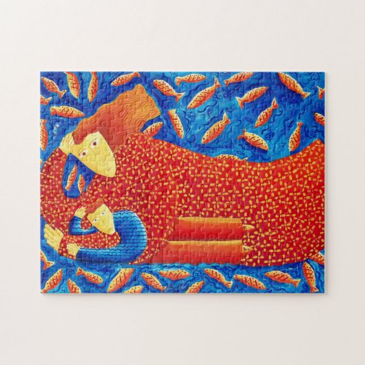 Mother And Son With Goldfish Modern Art Painting ジグソーパズル (横)