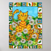Mother Cat & Kittens in Daisy Patch Mini Folk Art ポスター (正面)