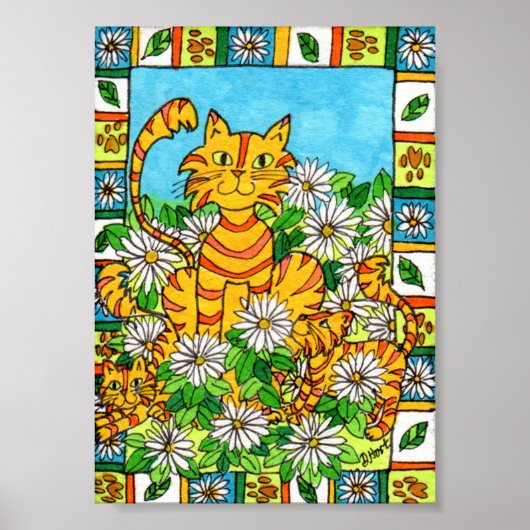 Mother Cat & Kittens in Daisy Patch Mini Folk Art ポスター (正面)