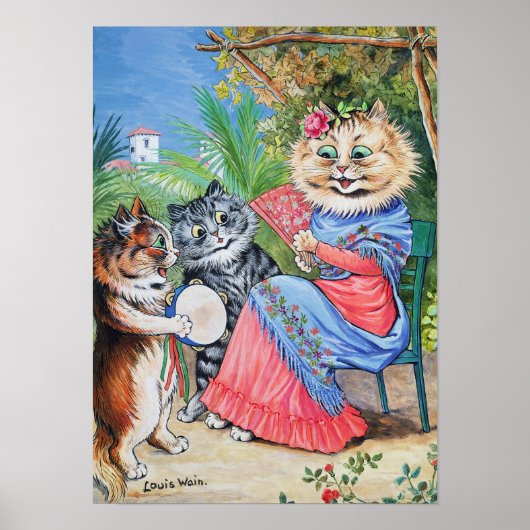 Mother Cat with Fan and Kittens, Louis Wain ポスター (正面)