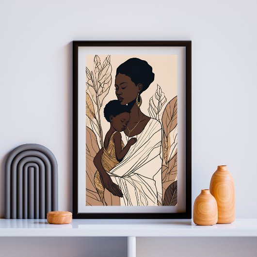 Mother & Child Afro Line Art Print ポスター