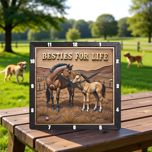Mother Foal Horses Pasture スクエア壁時計