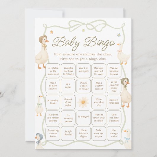 Mother Goose Baby Shower Find the Guest Bingo Game 招待状 (正面)