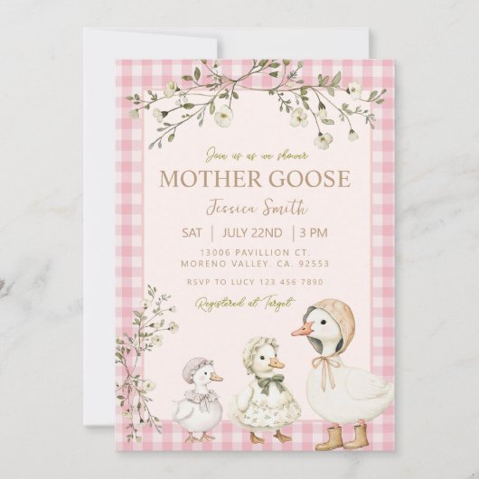Mother Goose Baby Shower Pink Girl 招待状 (正面)