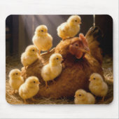 Mother Hen with Baby Chicks in Barn マウスパッド (正面)