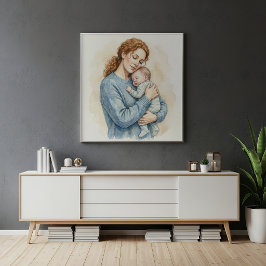 Mother Holding Sleeping Baby Watercolor ポスター