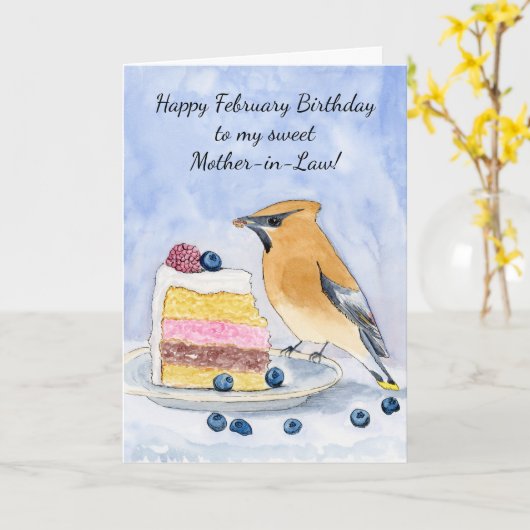Mother in Law Happy February Birthday Bird カード (黄色い花)