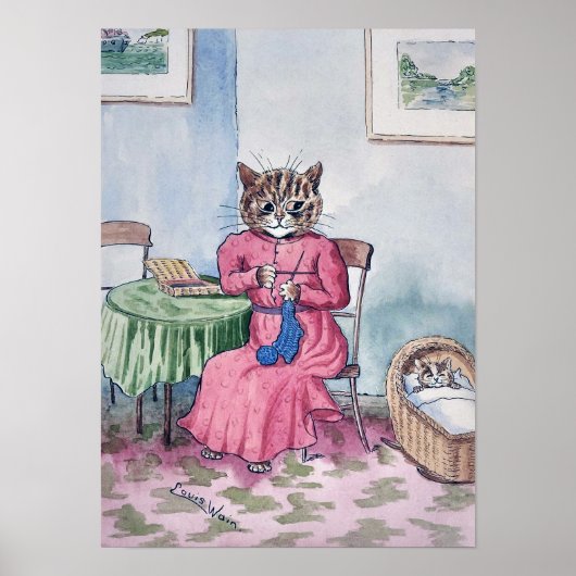 Mother Knitting with Kitten in Cradle, Louis Wain ポスター (正面)