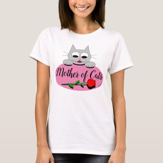 Mother of Cats Cartoon Cat with long stem Red Rose Tシャツ (正面)
