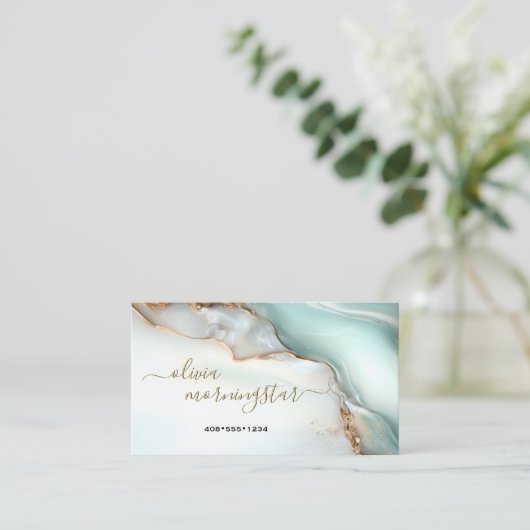 Mother of Pearl  Teal Gold Fluid Alcohol Ink 名刺 (スタンド正面)