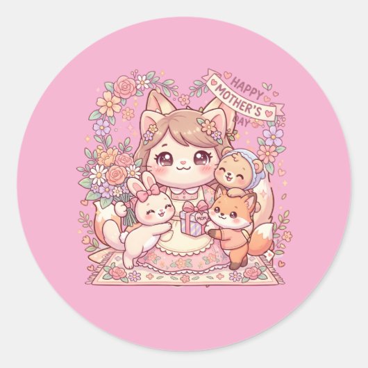 Mother’s Day Animal Friends Sticker ラウンドシール (正面)