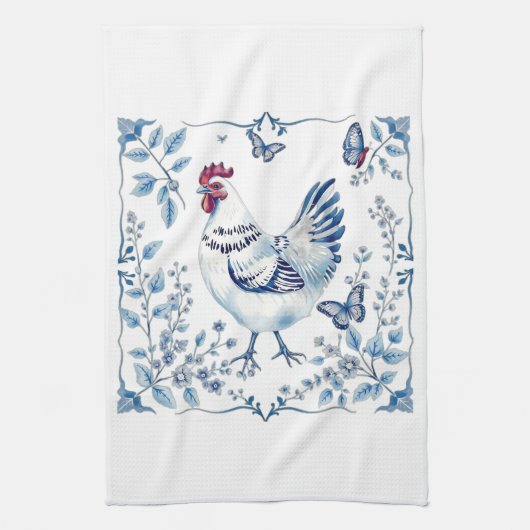 Mother’s Day Blue Porcelain Farmhouse Chicken キッチンタオル (縦)