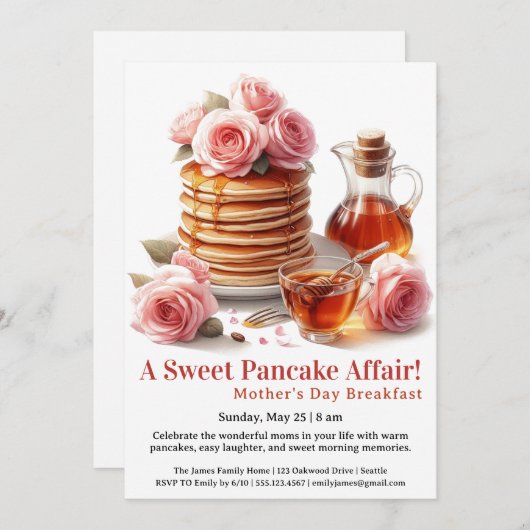 Mother’s Day Breakfast Invitation – Pancakes Roses 招待状 (正面/裏面)