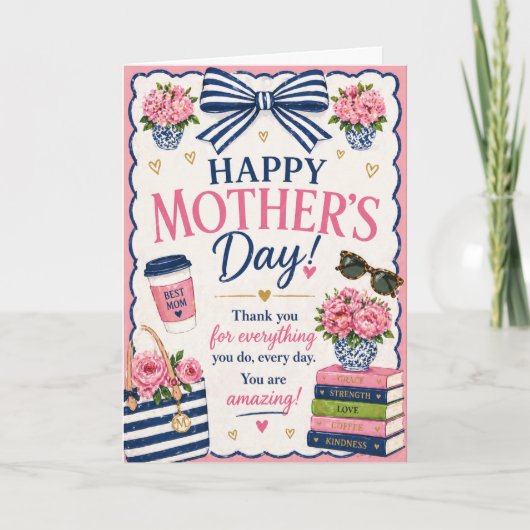Mother’s Day Card – Cute Pink & Blue Bow Design カード (正面)